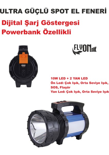 Ultra Şarjlı Güçlü El Feneri Powerbank Özellik Hızlı Dolum ve Kablo ile Şarj Imkanı Hafif Deprem