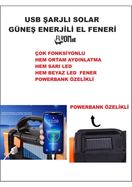 Solar Güneş Enerjili Hem Ortam Aydınlatma Hem Sarı Ön LED - Arka Beyaz LED Powerbank Özelikli Fener