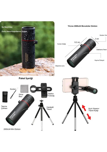 2000X24 Zoom Monoküler Mini Taşınabilir Hd Dürbün Su Geçirmez Tripod Telefon Tutacağı