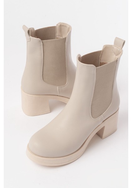 5109-3056 Bej Lastikli Fermuarlı Kalın Topuklu Günlük Kadın Bot indirimleri