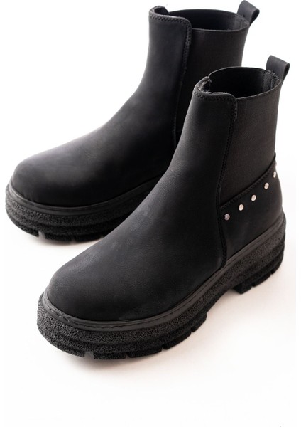 749-2005 Siyah Zümrüt Düz Topuklu Lastikli Günlük Kadın Bot modelleri