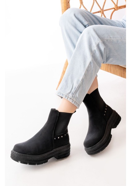 749-2005 Siyah Zümrüt Düz Topuklu Lastikli Günlük Kadın Bot fırsatları