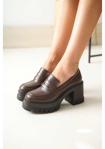 NVL-506 Kahverengi Günlük Yüksek Topuklu Platform Loafer Kadın Ayakkabı fiyatları