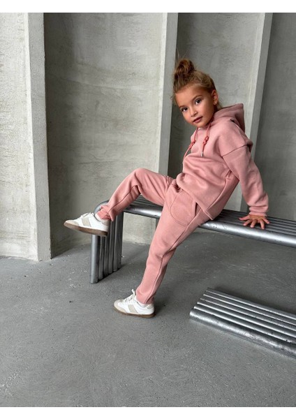 Pembe Pamujlu Kumaştan Kapüşonlu Alt Üst Eşofman Takımı