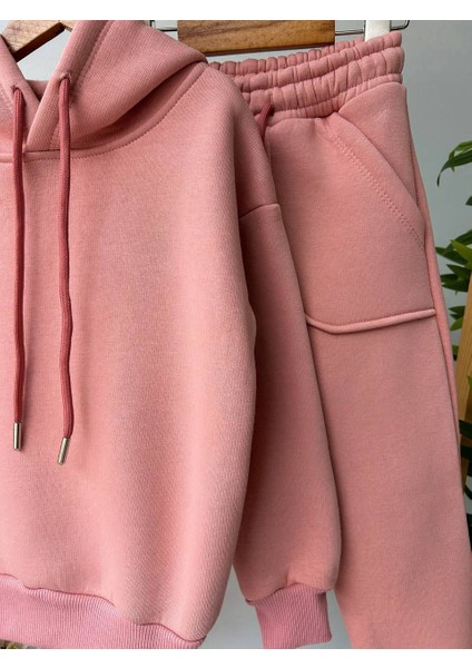 Pembe Pamujlu Kumaştan Kapüşonlu Alt Üst Eşofman Takımı fiyatları