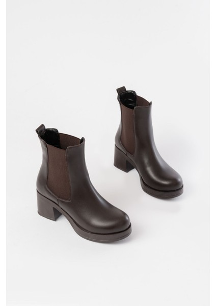 5109-3056 Kahverengi Lastikli Fermuarlı Kalın Topuklu Günlük Kadın Bot modelleri