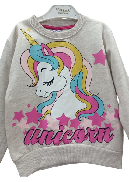 Unicorn Baskılı Gri Pamuk Alt Üst Takım Kız Çocuk Eşofman modelleri
