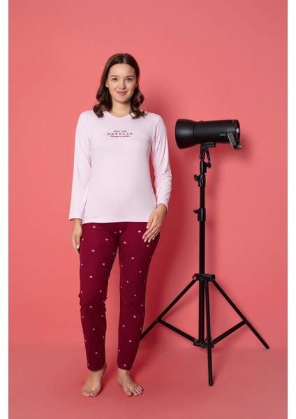 Kadın Baskılı Desenli Uzun Kollu Milan Kumaş Bambu Pijama Takımı