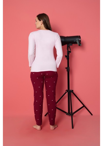 Kadın Baskılı Desenli Uzun Kollu Milan Kumaş Bambu Pijama Takımı
