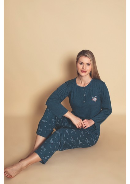 Kadın Yakası Düğmeli Mevsimlik Bambu Uzun Kollu Pijama Takımı