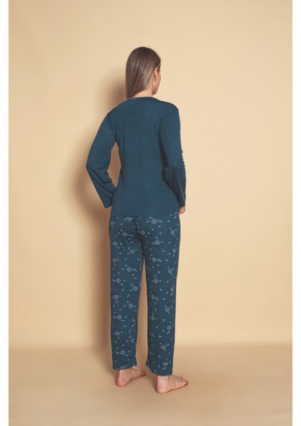 Kadın Yakası Düğmeli Mevsimlik Bambu Uzun Kollu Pijama Takımı modelleri