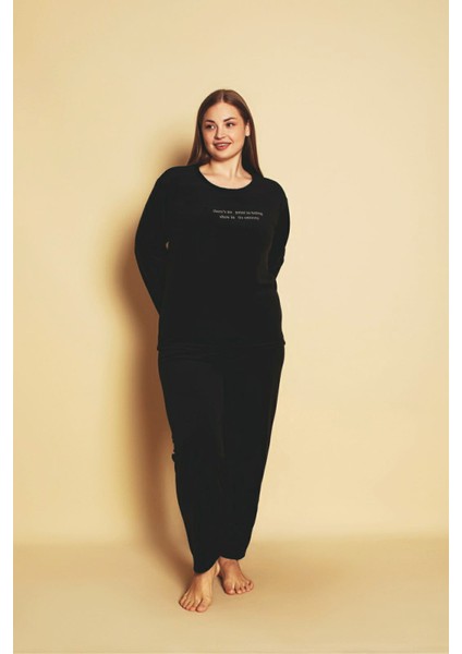 Kadın Büyük Beden Curve Fransız Kadife Yuvarlak Yaka Uzun Kollu Pijama Takımı