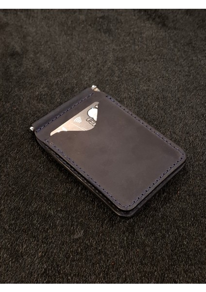 Deri Para Klipsli Cüzdan & Kartlık Lacivert Slim Kartlık