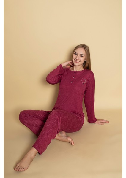 Kadın Yakası Düğmeli Mevsimlik Bambu Uzun Kollu Pijama Takımı