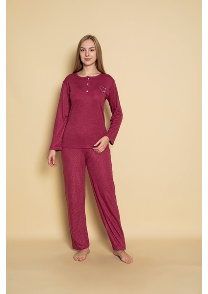 Kadın Yakası Düğmeli Mevsimlik Bambu Uzun Kollu Pijama Takımı fiyatları