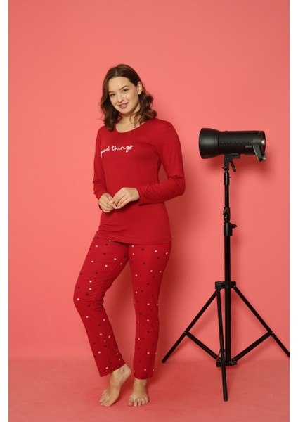 Kadın Baskılı Desenli Uzun Kollu Milan Kumaş Bambu Pijama Takımı