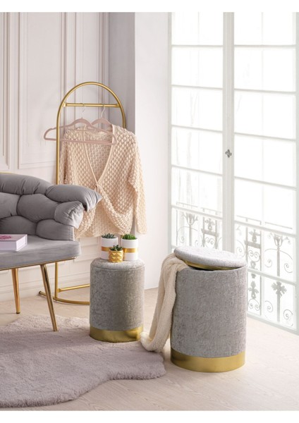 Comfort 2li Puf Yuvarlak Sandıklı Gri