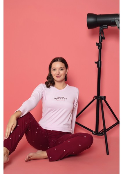 Kadın Baskılı Desenli Uzun Kollu Milan Kumaş Bambu Pijama Takımı