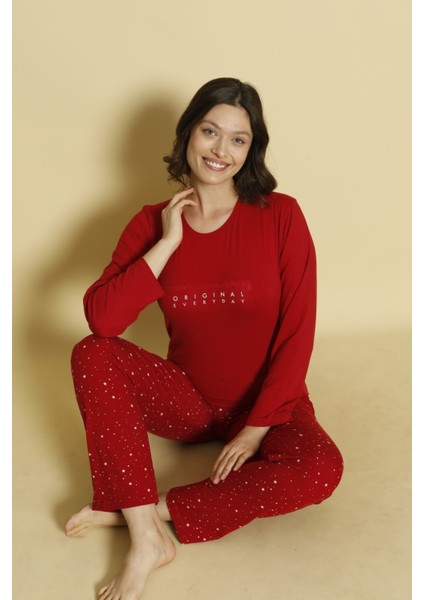 Kadın Baskılı Desenli Uzun Kollu Milan Kumaş Bambu Pijama Takımı