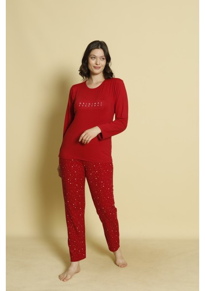 Kadın Baskılı Desenli Uzun Kollu Milan Kumaş Bambu Pijama Takımı