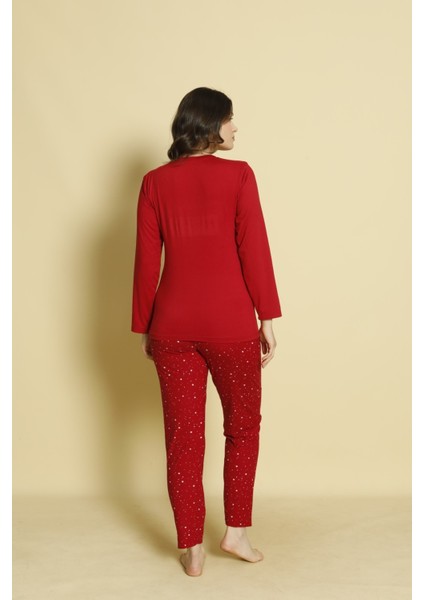 Kadın Baskılı Desenli Uzun Kollu Milan Kumaş Bambu Pijama Takımı