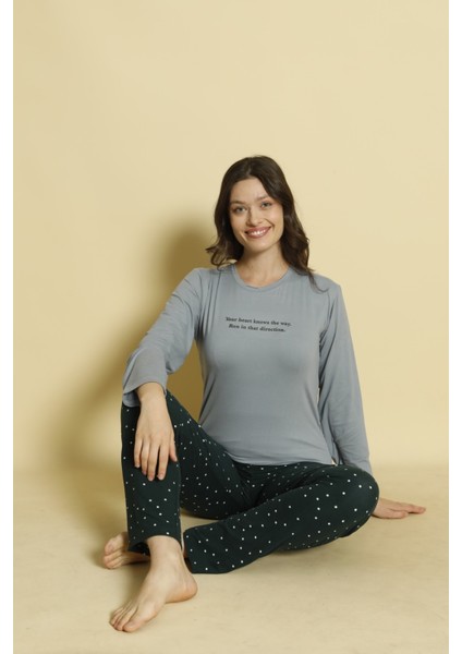 Kadın Baskılı Desenli Uzun Kollu Milan Kumaş Bambu Pijama Takımı