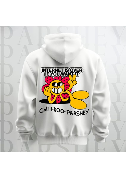 Call 1-800-PARSHEY Beyaz Kapüşonlu Sweatshirt Kalın Kumaş