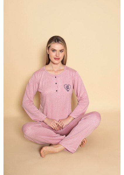 Kadın Yakası Düğmeli Mevsimlik Bambu Uzun Kollu Pijama Takımı