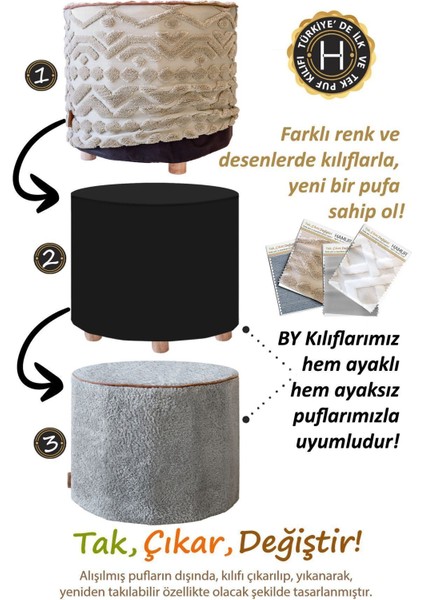 Yıkanabilir Puf Tabure Kılıfı Tak-Çıkar-Değiştir-Yenile Orta Sehpa Kılıfı By Mila Ekru