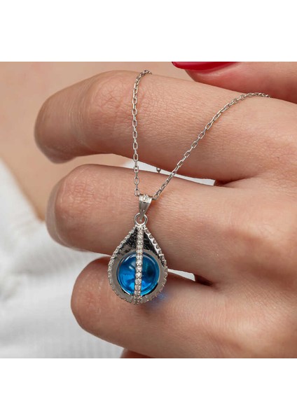 Gümüş Mavi Zirkon Taşlı Küre Kadın Kolye fiyatları