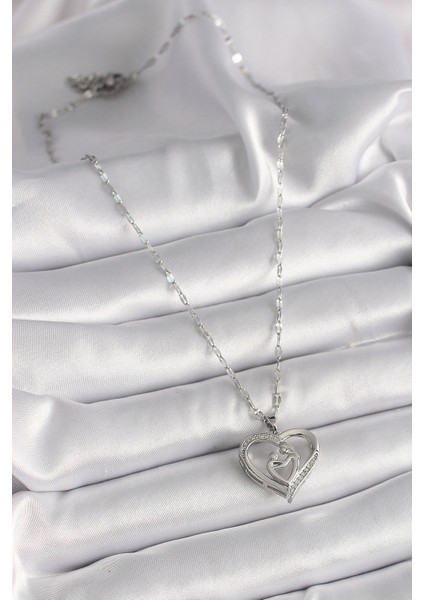 316L Çelik Gümüş Renk Zincir Zirkon Taşlı Kalp Anne Çocuk Figür Kadın Kolye fiyatları