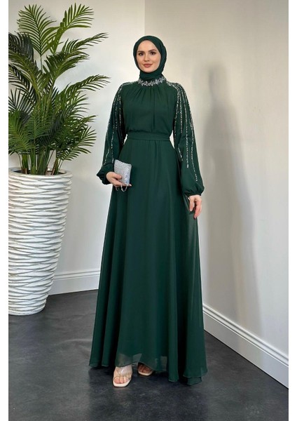 Jayla Kolları Taşlı Abiye Zümrüt modelleri