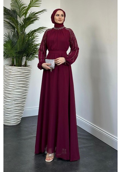 Jayla Kolları Taşlı Abiye Bordo modelleri