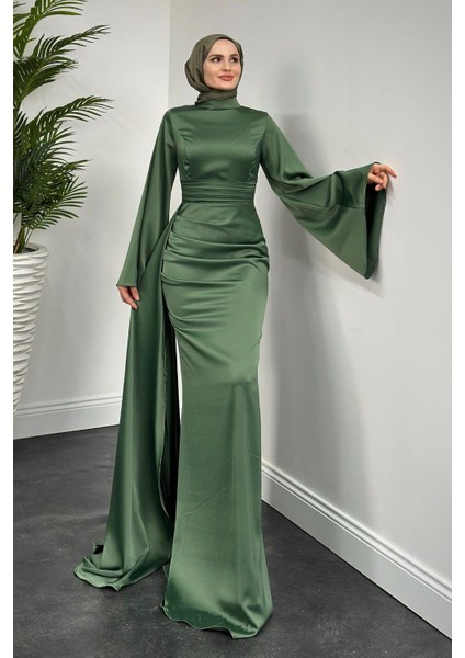 Arabella Pelerinli Saten Balık Abiye Haki