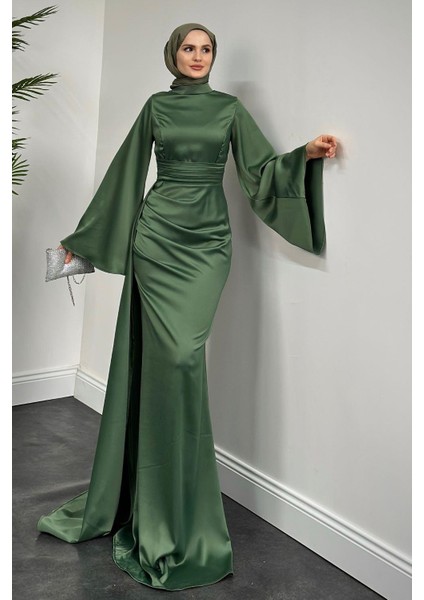 Arabella Pelerinli Saten Balık Abiye Haki modelleri