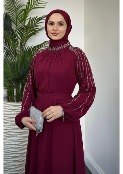 Jayla Kolları Taşlı Abiye Bordo indirimleri