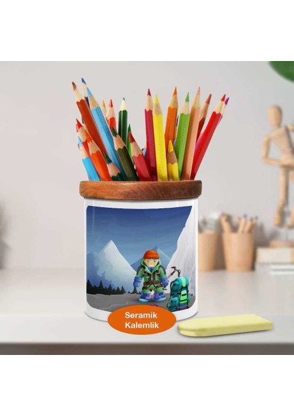 Çizimsel Dağcı Çocuk Ahşap Seramik Kalemlik - 1284-7839