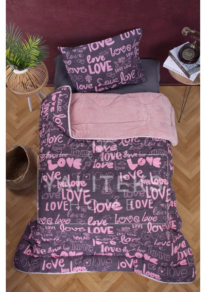 Yalıteks Home Tek Kişilik Welsoft Çift Taraflı Lüks Yorgan ve Yastık Kılıfı - Love Tek