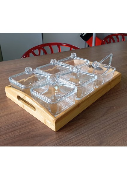 Bambu Tepsili 6lı Kapaklı Cam Kahvaltılık Çerezlik Kase Seti fiyatları
