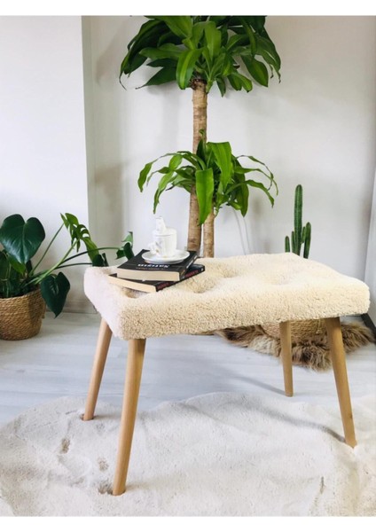 Gürgen Retro Ahşap Ayaklı Handmade Krem Pofidik Puf Bench Koltuk Sandalye