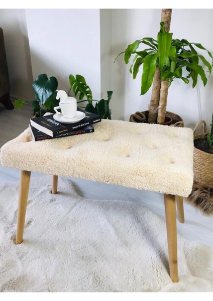 Gürgen Retro Ahşap Ayaklı Handmade Krem Pofidik Puf Bench Koltuk Sandalye