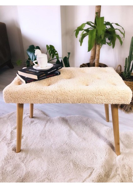 Gürgen Retro Ahşap Ayaklı Handmade Krem Pofidik Puf Bench Koltuk Sandalye