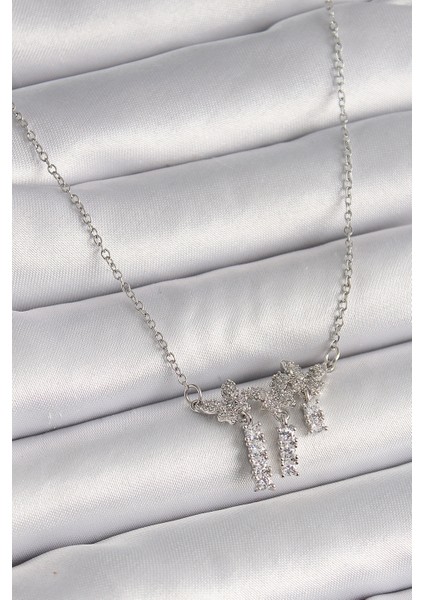 316L Çelik Gümüş Renk Zincir Zirkon Taşlı Kelebek Model Sallantı Detay Kadın Kolye