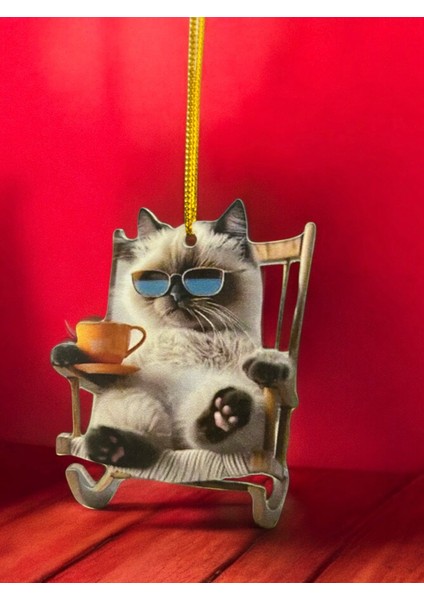Sevimli Keyifli Kedi (2 Boyutlu) Kahve Içen Kedi Dikiz Aynası, Çanta Süsü