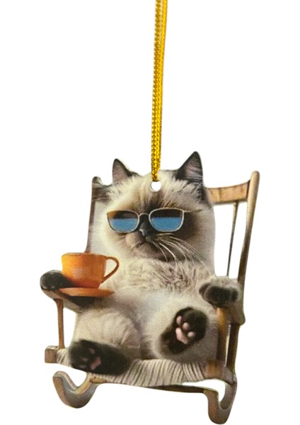 Sevimli Keyifli Kedi (2 Boyutlu) Kahve Içen Kedi Dikiz Aynası, Çanta Süsü