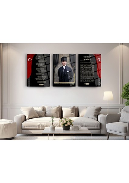 Atatürk 3'lü set cam tablo- atatürk tablosu - ıstiklal marşı tablosu - gençliğe hitabe tablosu