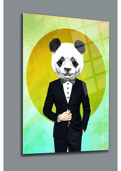 Takım Elbiseli Panda Cam Tablo