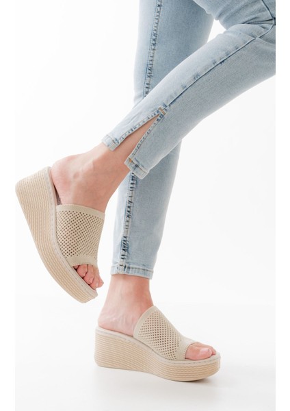 232-460 Bej Triko Günlük Ortopedik Dolgu Topuk Kadın Terlik