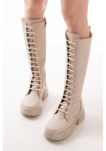 FZ-2450 Bej Yüksek Tabanlı Bağcıklı Fermuarlı Günlük Kadın Çizme fiyatları