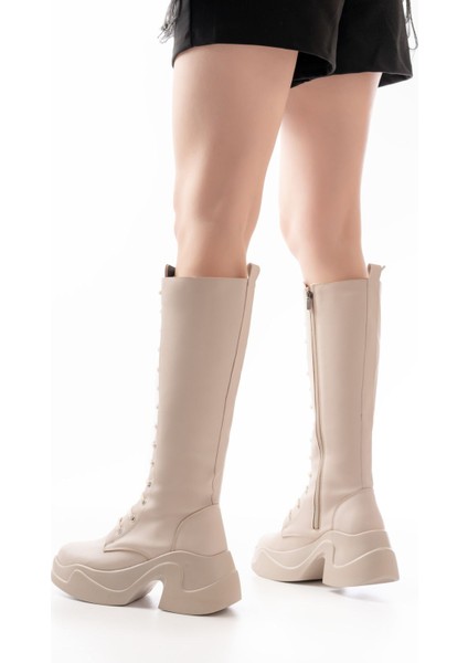 FZ-2450 Bej Yüksek Tabanlı Bağcıklı Fermuarlı Günlük Kadın Çizme modelleri